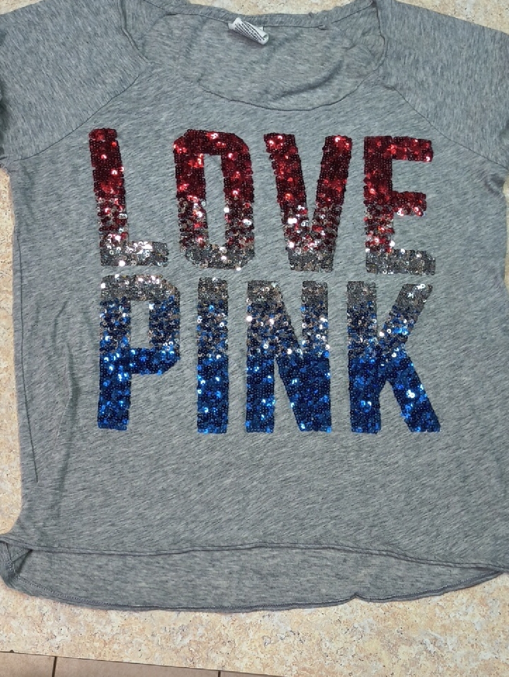 PINK Victoria's Secret Gray Tee with Red, Silver & Blue Sequins Size M GUC